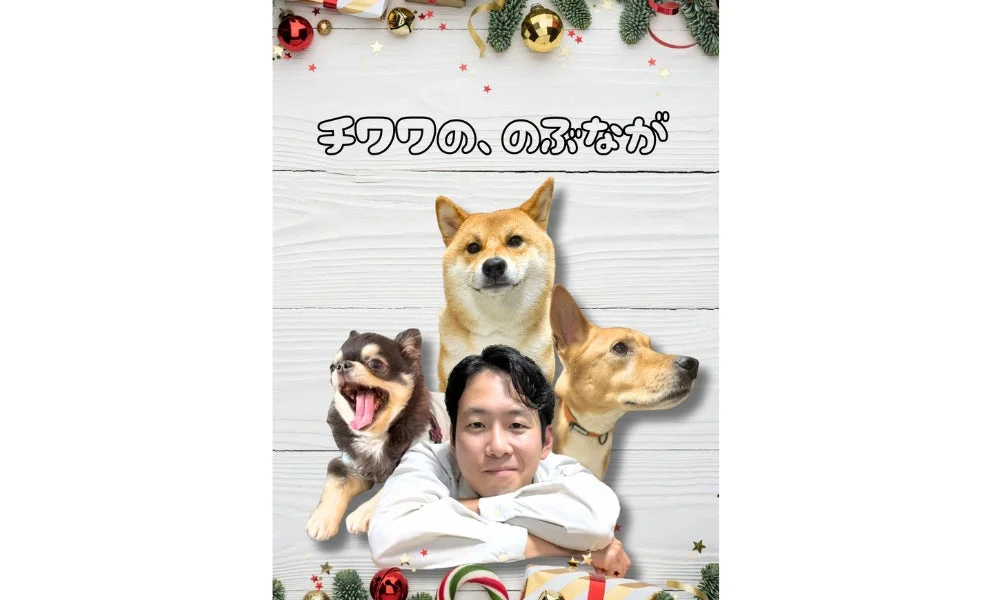クリスマス飾りに囲まれた男性と3匹の犬（チワワ、柴犬など）