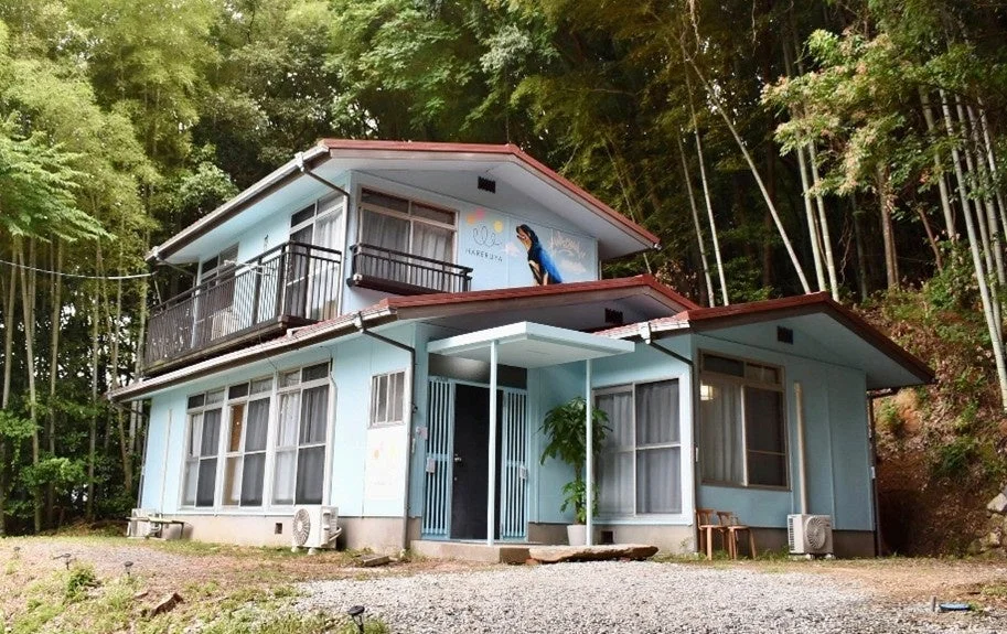 竹林に囲まれた水色の二階建ての家