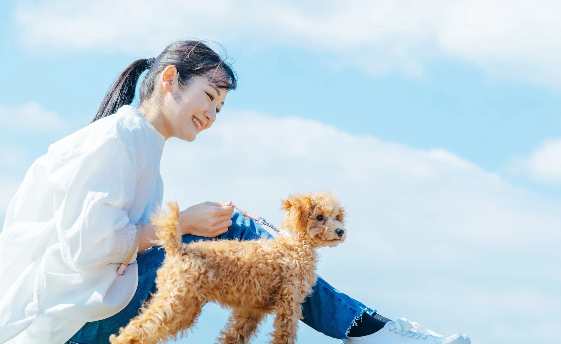 犬と笑顔で触れ合う女性