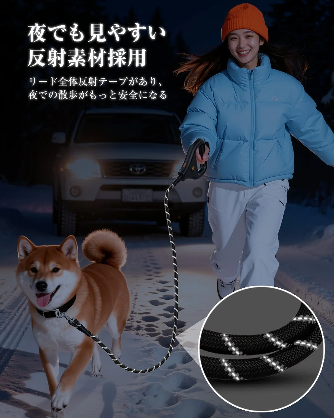 夜の雪道を柴犬と女性が楽しそうに散歩している様子