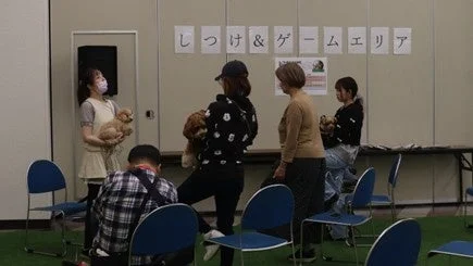 犬のしつけやゲームが行われるイベント会場で、数人の参加者が小型犬を抱えている様子