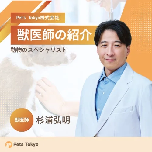 Pets Tokyo株式会社の獣医師、杉浦弘明氏を紹介する画像です。白衣を着た獣医師が笑顔で写っており、背景には犬を撫でる手が描かれ、「動物のスペシャリスト」であることが示されています。