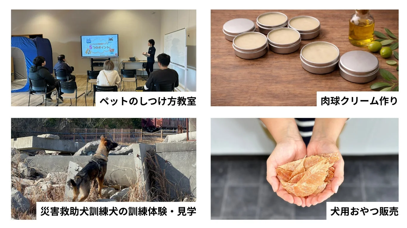 ペットに関する複数の活動をまとめた画像です。しつけ教室、肉球クリーム作り、災害救助犬の訓練、犬用おやつの販売が示されています。