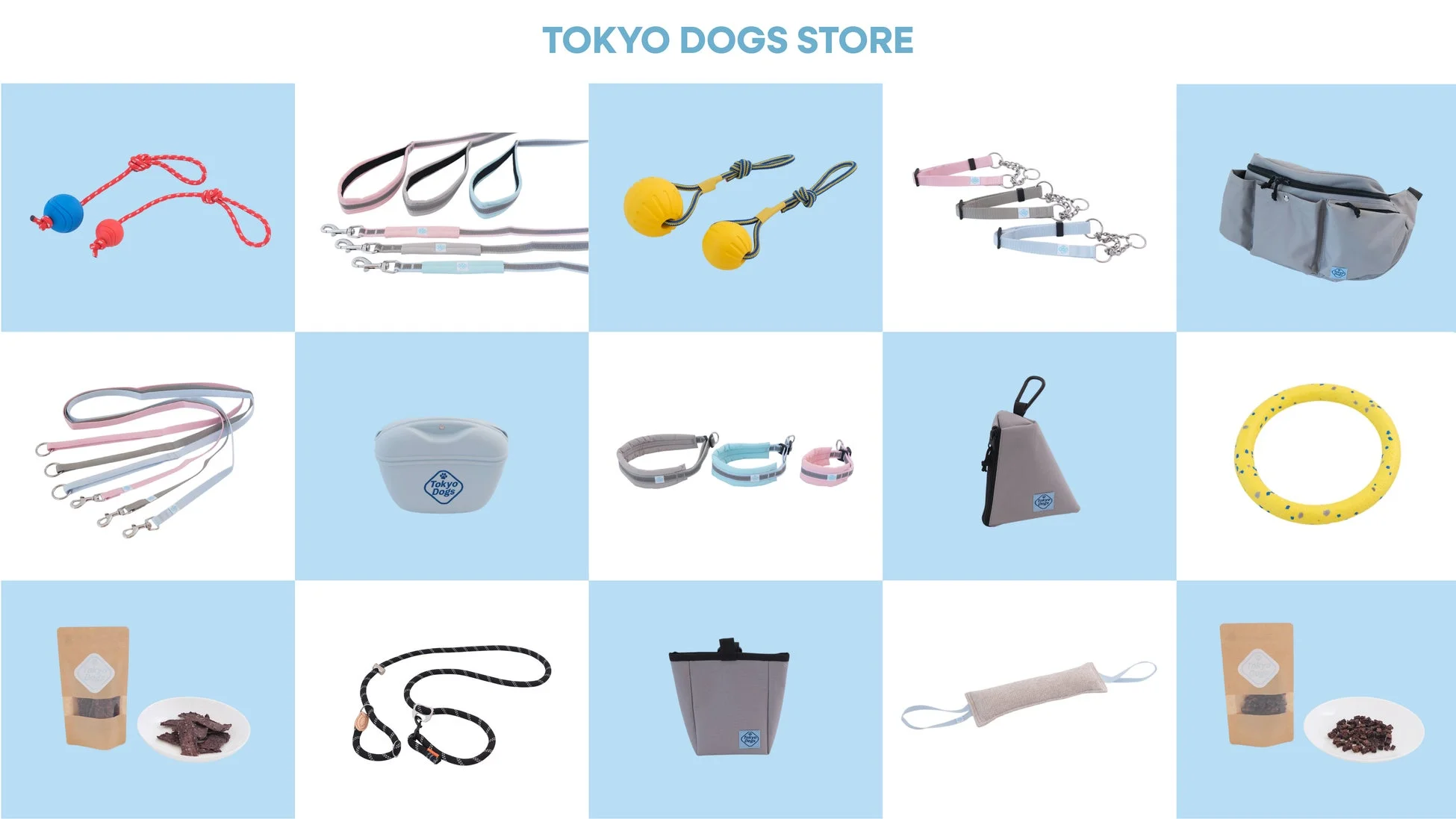 「TOKYO DOGS STORE」の犬用品がライトブルーの背景にグリッド状に並んだ画像
