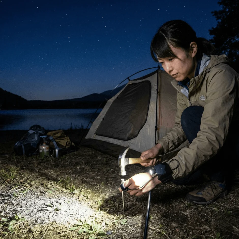 キャンプでペグ打ちをする女性