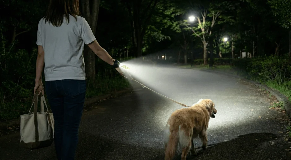 夜の公園で犬と散歩する飼い主
