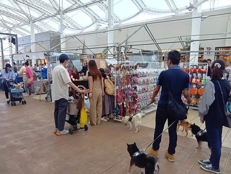 多くの人々が愛犬を連れて屋内マーケットを訪れる様子